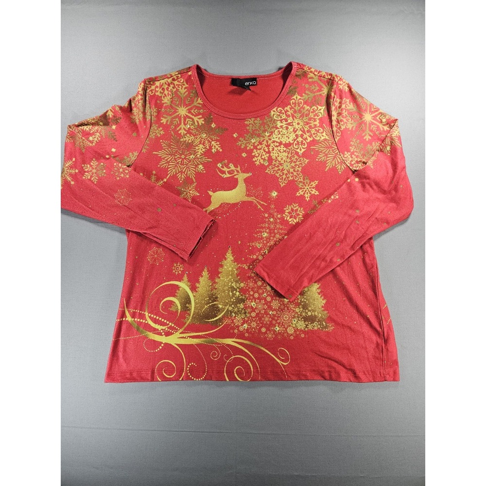 Erika Womens Christmas Shirt Red Gold Reindeer Snowflake Holiday Graphic Tee L
